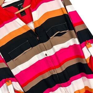 ALI MILES Women's M Striped Multicolor Button Tie Front Roll Tab Artsy Sheer Top